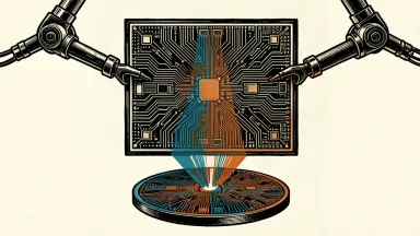 A large-format lithography mask being handled by robotic arms under a beam of light to project chip patterns.