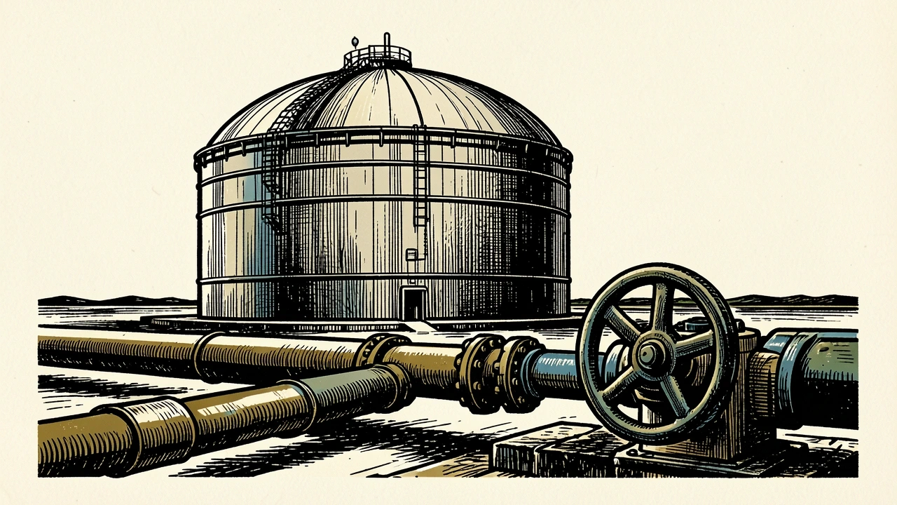 Amplitude Energy gas price reporting: a large industrial gas storage tank connected to a pipeline with a prominent valve wheel.