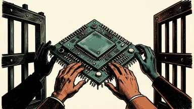 NVIDIA and AMD lobbying against China export restrictions: hands hold back heavy iron gates that are closing around a large semiconductor chip.