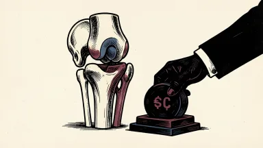 Stryker receives a positive analyst rating: a large medical joint implant stands next to a heavy weight being placed on a scale by a hand in a suit.