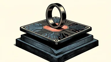 Synopsys issues strong long-term guidance and a buyback plan: a large silicon wafer on a rising stone foundation with a heavy ring placed on its surface.