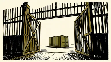 Cheetah Net Supply Chain Service Inc. resumes trading: a heavy industrial gate swung wide open to reveal a shipping container on the path ahead.