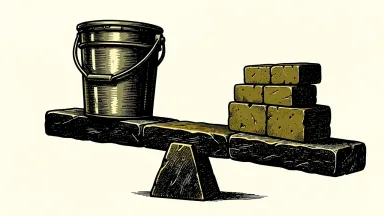 RPM International earnings: an industrial paint bucket on a stone balance beam lifting a stack of construction blocks.