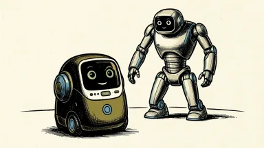 Axonex AI Group rebranding to focus on robotics: a small companion robot and a larger semi-humanoid service robot stand together.