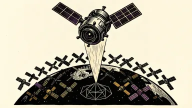 A large orbital satellite with a camera lens exchanges a beam of light with a ground station while a grid of smaller satellites orbits below.