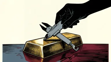 OceanaGold CEO search: a gold bar on a table being measured by large calipers held by a silhouetted hand.