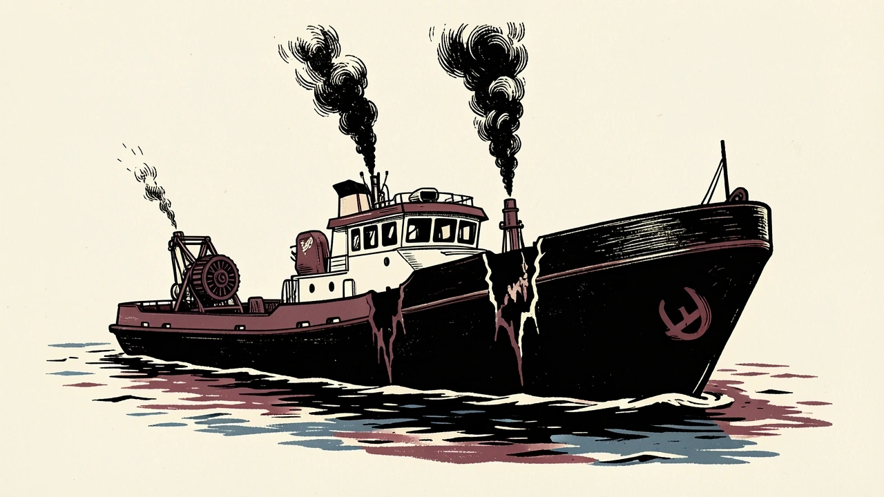 A maritime tugboat struck by two projectiles: two distinct impact ruptures and smoke plumes are visible on the vessel's smooth hull.