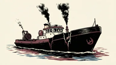 A maritime tugboat struck by two projectiles: two distinct impact ruptures and smoke plumes are visible on the vessel's smooth hull.