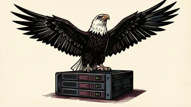 Palantir Technologies receives an Overweight rating from Barclays: a large, sharp-edged eagle perches on a solid data server.