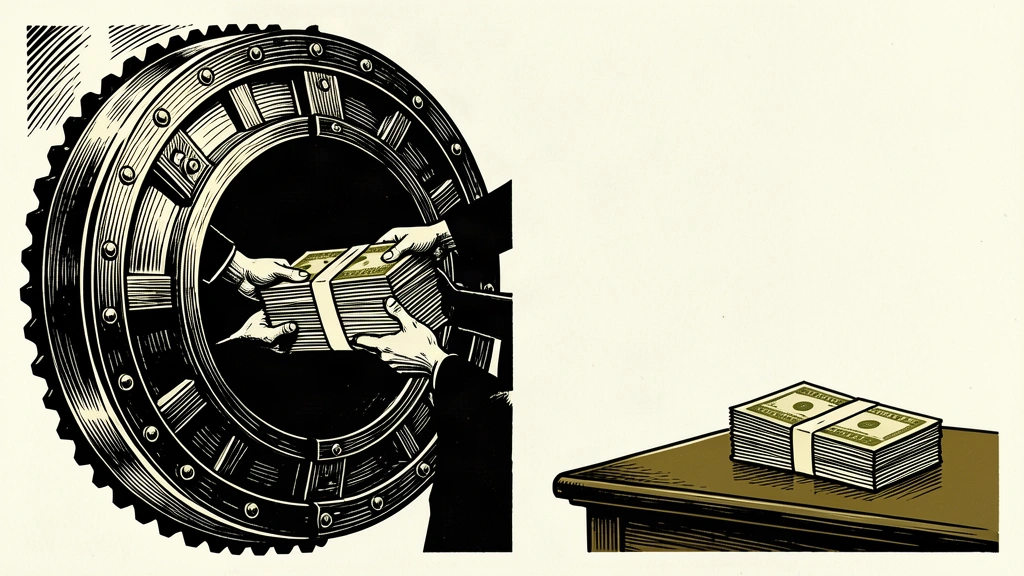 An open vault door with hands pulling a large stack of bonds back inside, while a smaller stack remains outside.