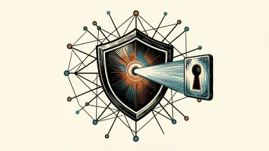 SailPoint autonomous identity security: a central shield manages a complex network of data nodes and temporary access points.