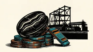 A large coffee bean supported by a stack of coins and a credit line ledger, with a new building frame rising behind an active factory.