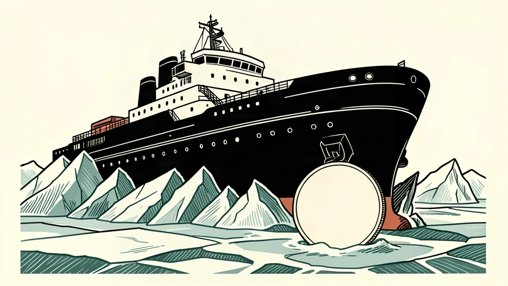 An editorial illustration of a large icebreaker ship carving a path through thick ice, moving toward a large coin that represents EU funding.