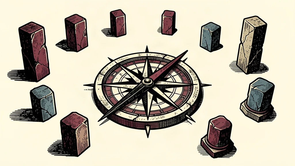 An editorial illustration of a spinning compass needle surrounded by scattered stone pillars, representing a lack of a predetermined path.