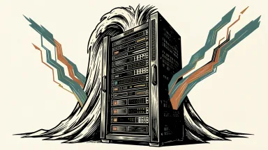 Fastly upgraded to Outperform: a central server rack is lifted by rising waves of geometric data streams.