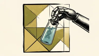 Danaher's AI-powered autonomous lab: a robotic arm holds a laboratory vial containing a double-helix icon against a glowing geometric background.
