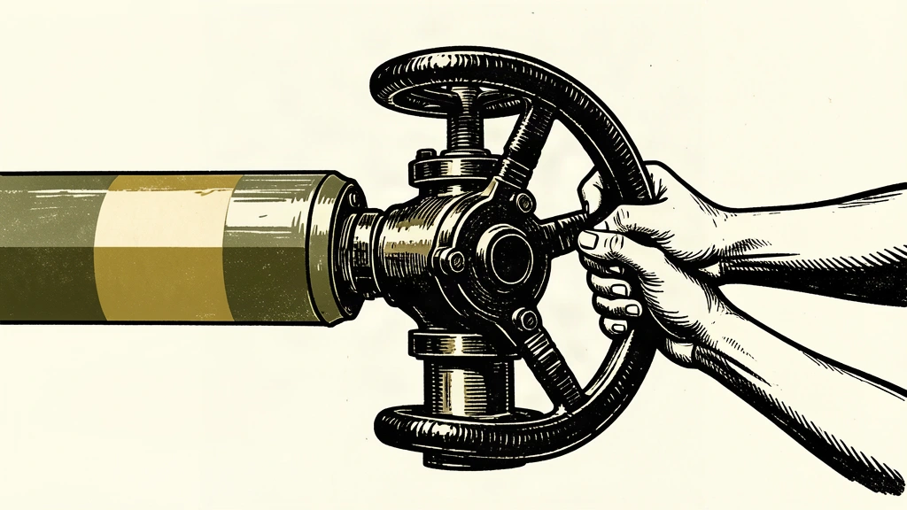 An editorial illustration showing a large oil storage tank and a pipeline valve being engaged by anonymous hands, symbolizing the start of investment talks.