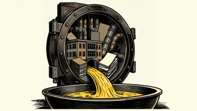 MetLife variable investment income estimates: a heavy vault door open to reveal real estate and industrial assets with a steady flow of gold into a basin.