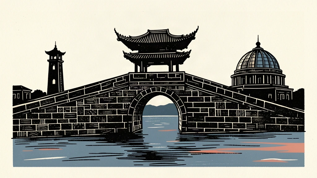 An editorial illustration showing a Chinese-style bridge connecting two distant shores representing Iran and the United States.