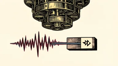 Quantum X Labs technology reducing error on a quantum processor: a complex quantum chandelier above a chaotic signal being flattened into a straight line.