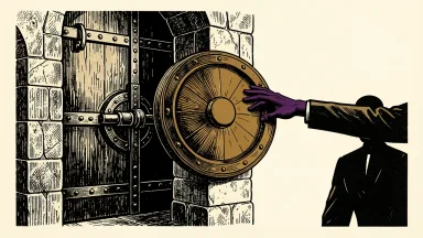 Alkami and BioCatch fraud prevention: a large circular shield on a stone pillar stands as a barrier between reaching hands and a secure bank vault.