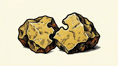 Gold Fields and Northern Star assets: two large gold nuggets with complementary jagged edges interlocking like puzzle pieces on a plain surface.