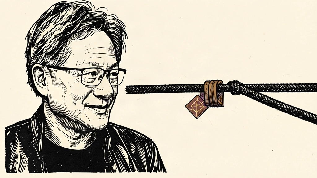 An editorial illustration featuring a portrait of Jensen Huang next to a taut, heavy cable that securely tethers a single geometric data unit, representing controlled AI safety. Identity photo references adapted into illustration: Photographer: Peter Dasilva (CC BY 4.0; https://creativecommons.org/licenses/by/4.0); source https://commons.wikimedia.org/wiki/File:Jensen_Huang_(cropped)_(2024).jpg