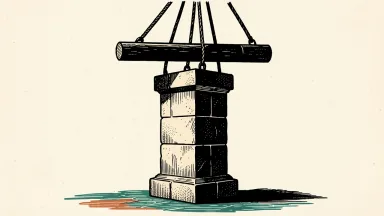 Equifax rating downgraded to Perform: a heavy horizontal bar is lowered onto a tall stone pillar, representing a cap on its market performance.
