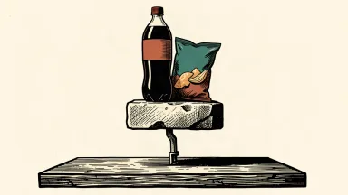 A soda bottle and chip bag are elevated on a rising stone platform, illustrating a price hike.