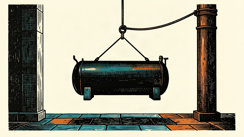 An industrial oil tank is held at a fixed baseline height by a heavy-duty cable and anchor.