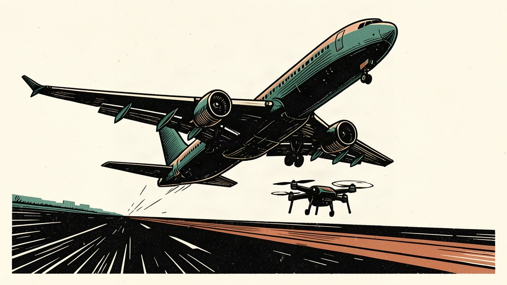 An editorial illustration showing a large jet taking off with a small drone hovering in its immediate flight path.