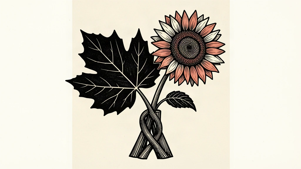 An editorial illustration showing a maple leaf and a sunflower with intertwined stems, symbolizing solidarity between Canada and Ukraine.