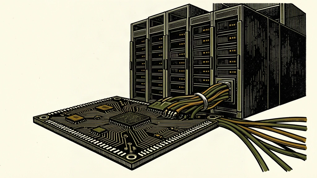 An editorial illustration showing a large microchip connected by heavy cables to a massive server rack, representing a new hyperscaler engagement.