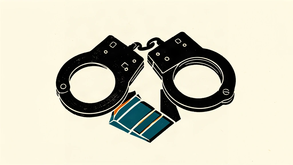 An editorial illustration showing a pair of heavy black handcuffs on a light background, symbolizing an arrest and the prevention of a planned event.