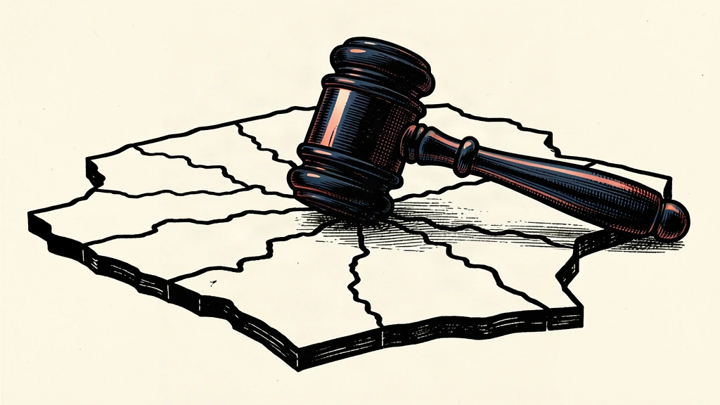 A heavy gavel pins down a map with thick boundary lines, representing a court blocking a redistricting effort.