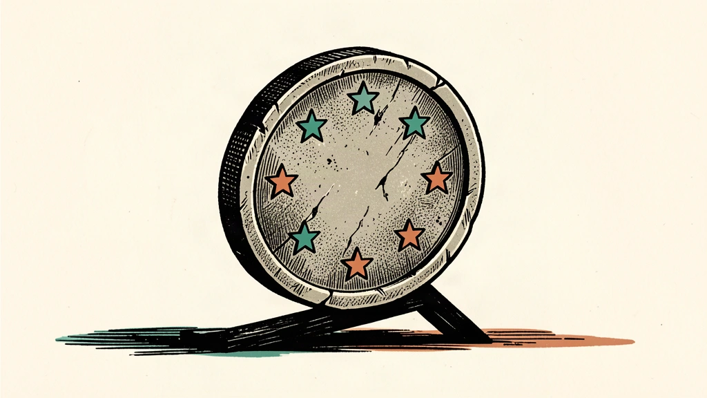 A heavy stone coin with EU stars tilts downward as its support beam bends under the weight.