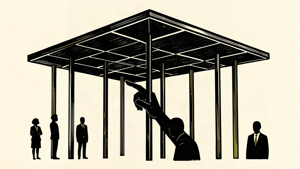An editorial illustration showing a large geometric slab being supported by thin pillars, with a hand adding a new, taller support to raise its height.