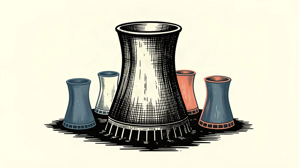 An editorial illustration showing a central nuclear cooling tower surrounded by several emerging silhouettes of identical towers, representing a regional arms race.