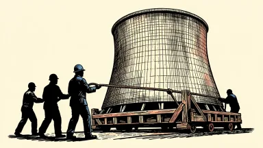 Uniper being pursued by KKR and RWE: a massive industrial cooling tower on a transport frame is pulled forward by two groups of workers.