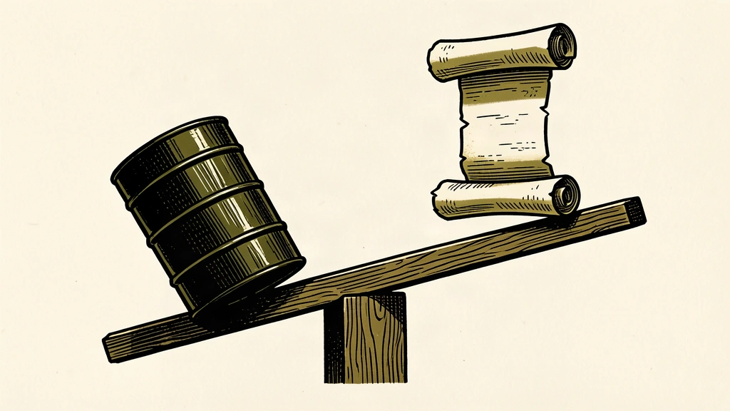 An editorial illustration showing a heavy oil barrel weighing down one side of a scale, causing a paper bond on the other side to rise sharply.