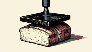 Flowers Foods under pressure from a Jefferies price target cut: a loaf of sliced bread is compressed by a heavy industrial press.