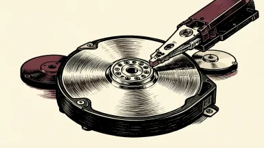 Seagate and Western Digital stocks under pressure from Toshiba competition: a mechanical hard drive arm suspended between competing disk platters.