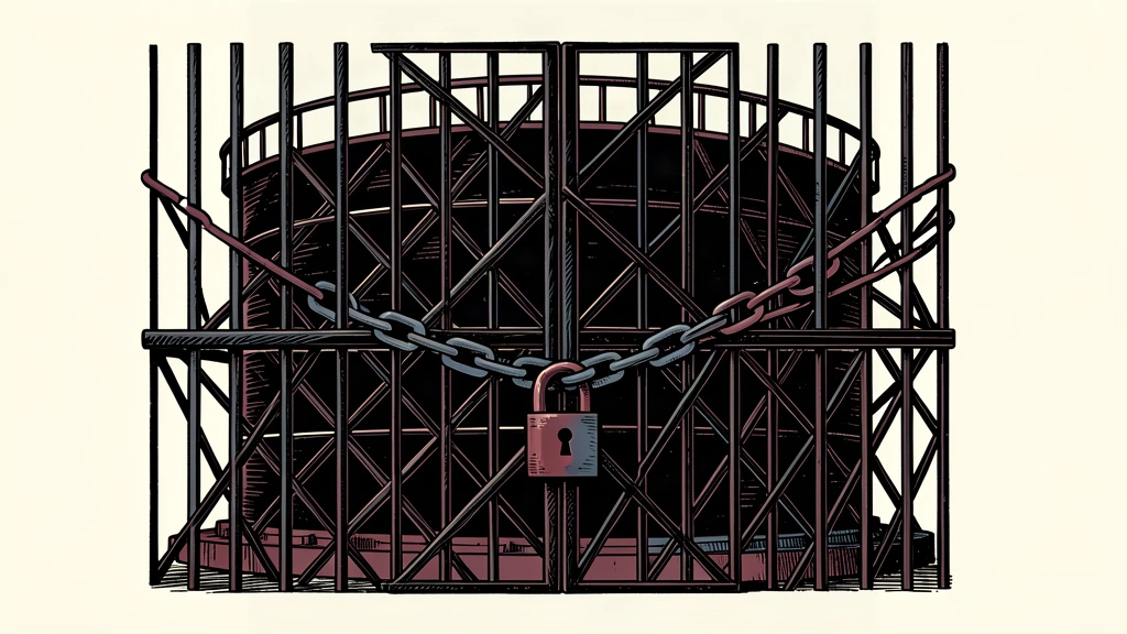 An editorial illustration showing a large oil tank enclosed within a complex, locked iron cage, representing a strict compliance framework and ongoing sanctions.