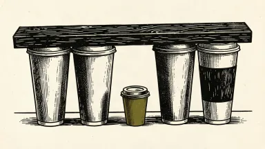 Starbucks store closures and shift to smaller formats: a heavy black plank rests on several tall coffee cups while a smaller cup remains clear in the center.