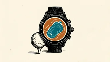 Garmin Approach S72 golf smartwatch: a circular watch with a green contour map on its screen sits next to a golf ball on a tee.