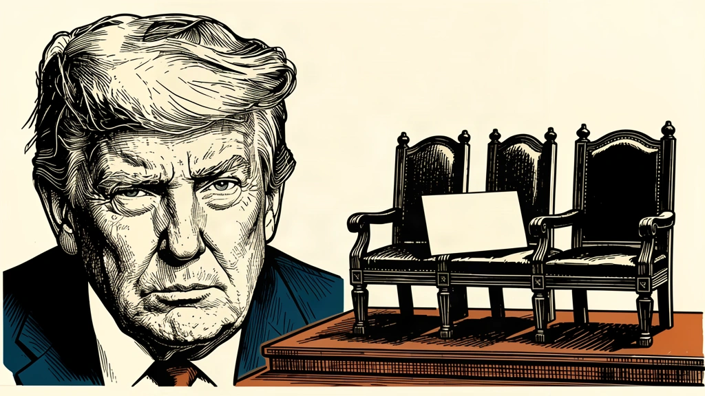An editorial illustration showing Donald Trump next to empty Supreme Court chairs, with a single ballot envelope on one seat. Identity photo references adapted into illustration: Daniel Torok (Public domain; https://commons.wikimedia.org/wiki/File:Official_Presidential_Portrait_of_President_Donald_J._Trump_(2025).jpg); source https://commons.wikimedia.org/wiki/File:Official_Presidential_Portrait_of_President_Donald_J._Trump_(2025).jpg