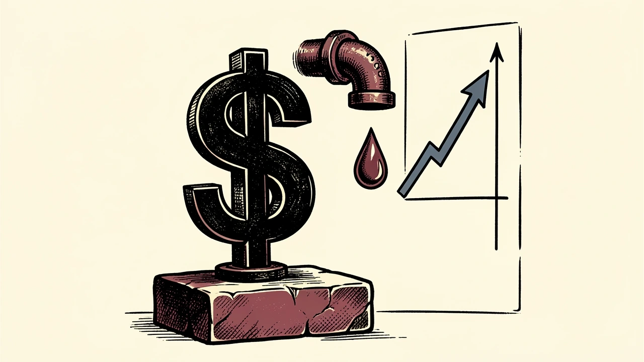 The US dollar strengthening alongside rising oil prices and bond yields: a dollar symbol on a pedestal next to an oil pipe and an upward-trending graph.