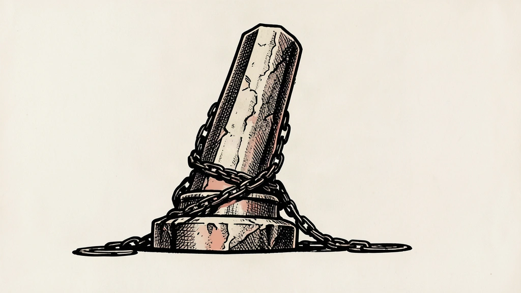 A conceptual illustration of a massive stone pillar leaning precariously as its supporting chains go slack.