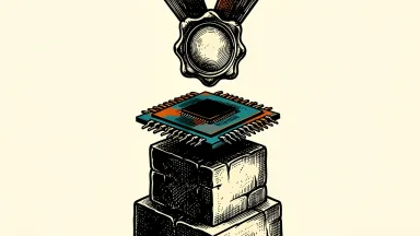 Nvidia designated as a top pick: a large semiconductor chip positioned on a high stone pedestal beneath a heavy official seal.