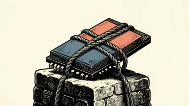 Micron memory chip under tension: a large semiconductor module on a stone base is cinched tightly by a heavy rope to represent tightening supply and demand.